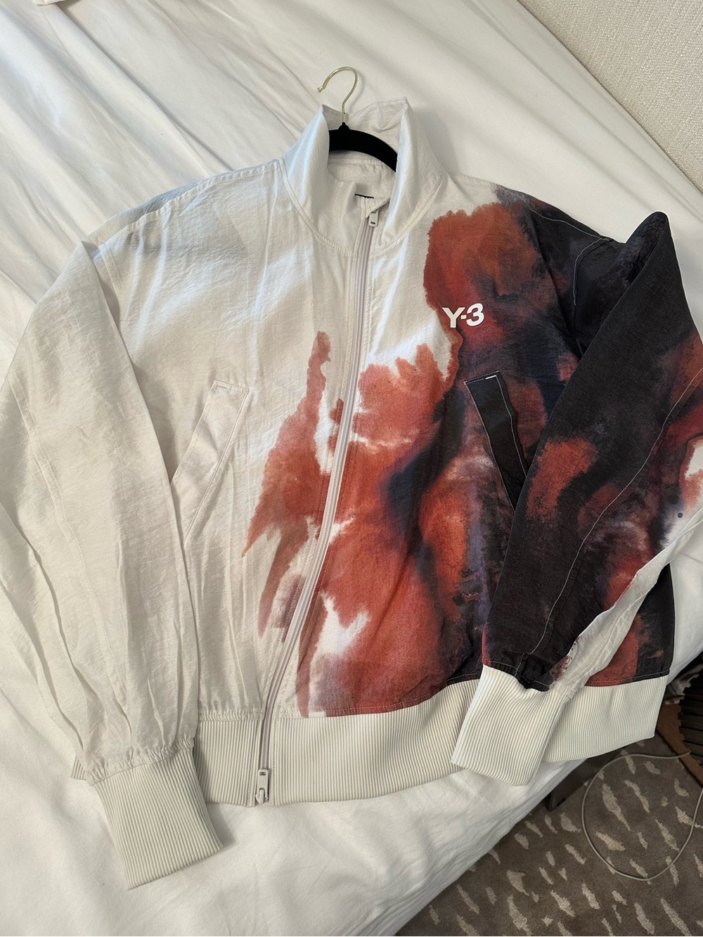 Y-3 White, Rust & Black Tie-Dye Zip Tennis Jacket. Very light. Size S. Brand new